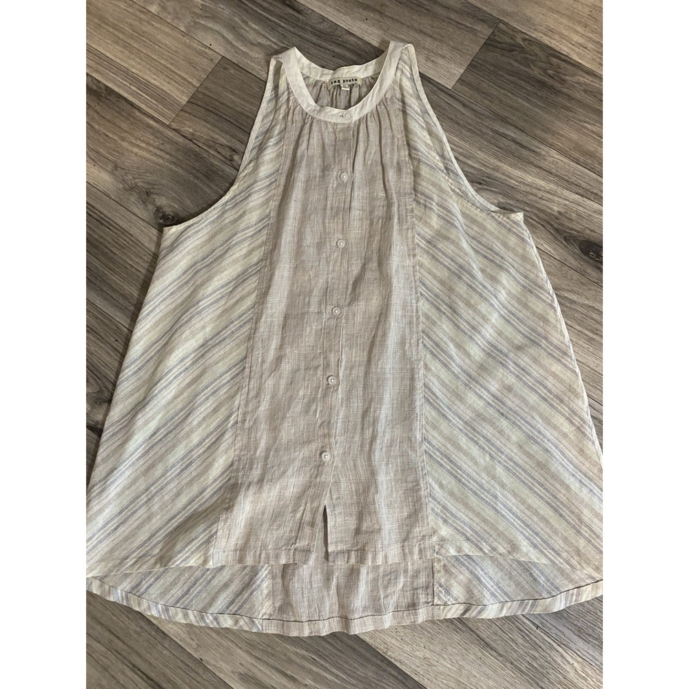 Rag Poets Linen Sleeveless Striped Button Down Blouse Tan Ivory Medium